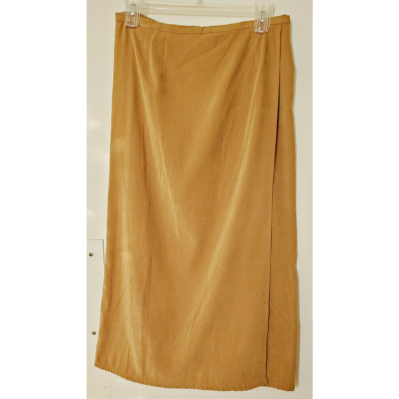 Midi Skirt Large Gold Beige Suede Cloth Velvety Wrap Front Modest Vintage Washes - Picture 1 of 5